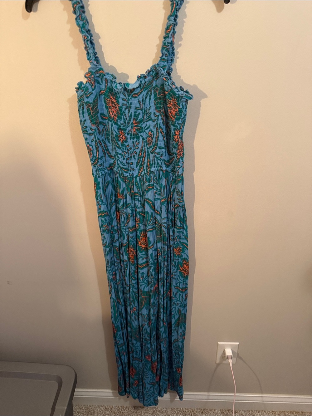 Turquoise Floral Jumpsuit with Ruffled Straps